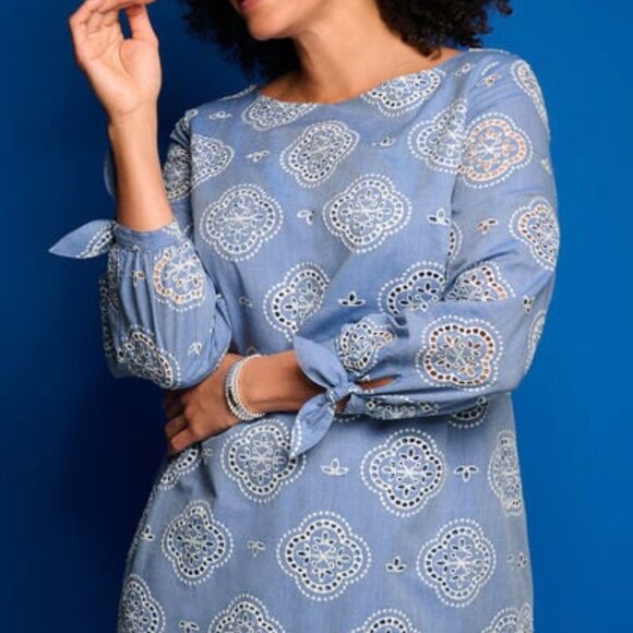 Talbots Tie Sleeve Eyelet Chambray Dress NWT - Picture 1 of 3